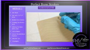 A person is using a pair of blue gloves to apply brow strokes.