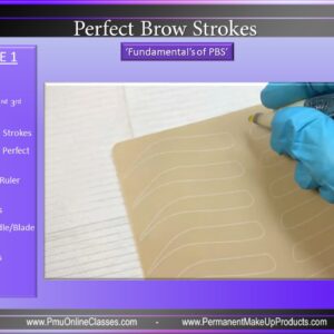 A person is using a pair of blue gloves to apply brow strokes.